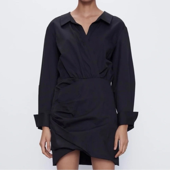 Zara Collared Long Sleeve Poplin Mini Shirt Dress in Black Size S - Picture 5 of 14